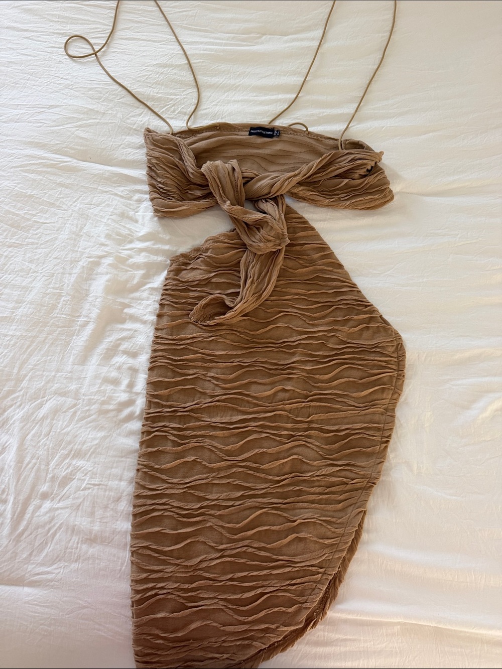 PrettyLittleThing Tan One-Shoulder Textured Twist Dress